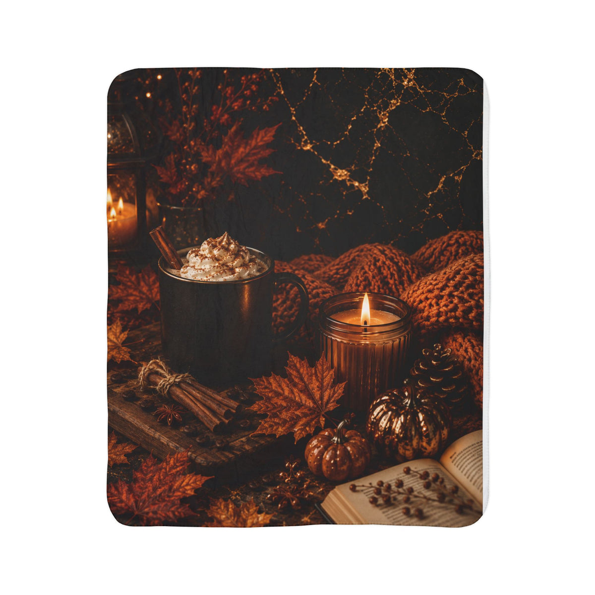 Autumn Cozy Fleece Sherpa Blanket – Pumpkin Spice Candles & Cocoa Throw