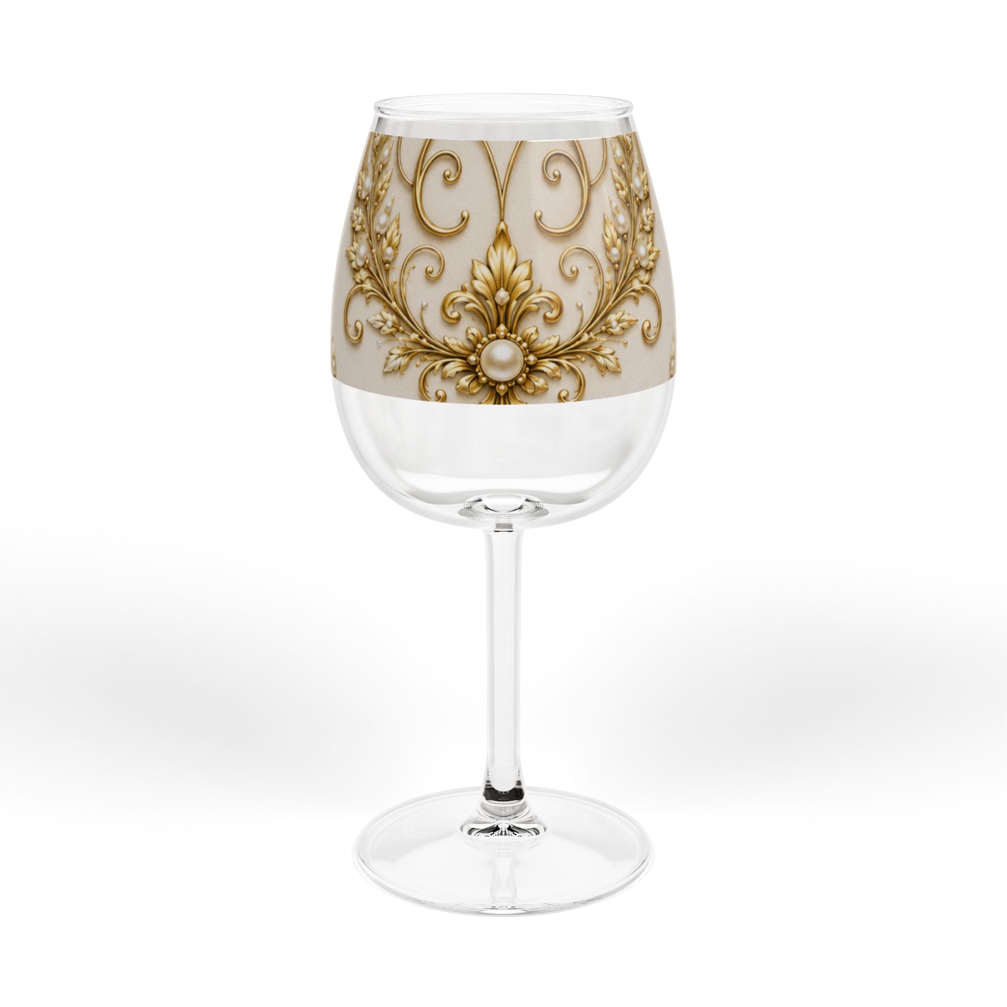 12 oz Gold Baroque Wine Glass – Elegant Pearl & Filigree Stemless Style