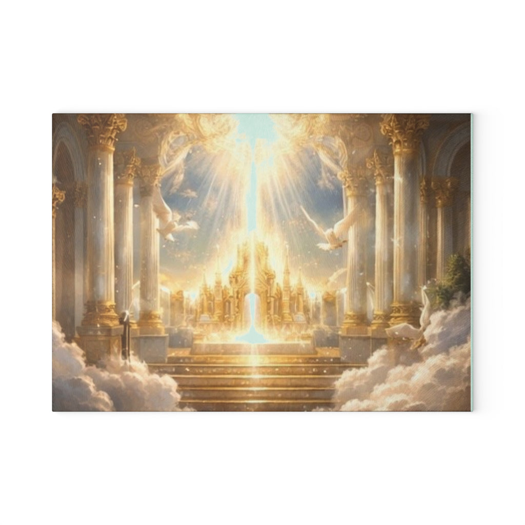 Heavenly Golden Cathedral Glass Cutting Board — Angelic Cloudscape Serving & Prep Board