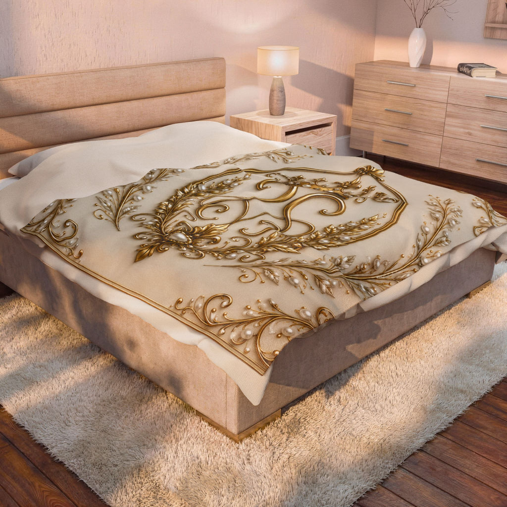 Royal Gold Crown Velveteen Plush Blanket — Ornate Baroque Throw for Luxurious Home Decor