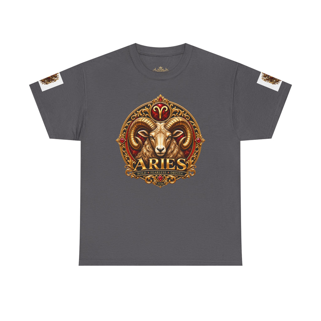 Aries Zodiac T‑Shirt — Mythic Ram Astrology Tee with 'ARIES' Emblem