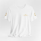 White Crown Logo Tee — Small Gold Crown Chest & Sleeve Graphic