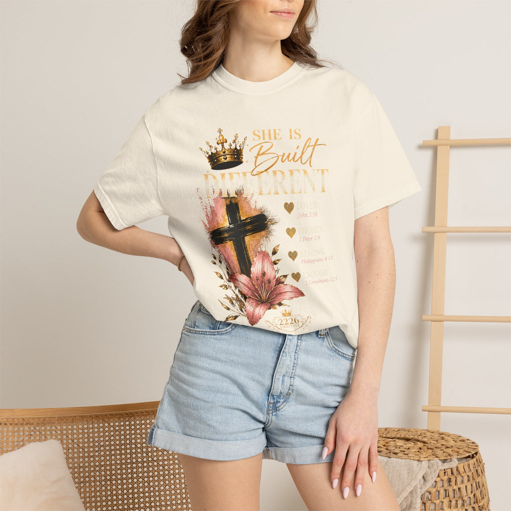 She Is Built Different Christian T-Shirt — Cross, Crown & Lily Faith Tee