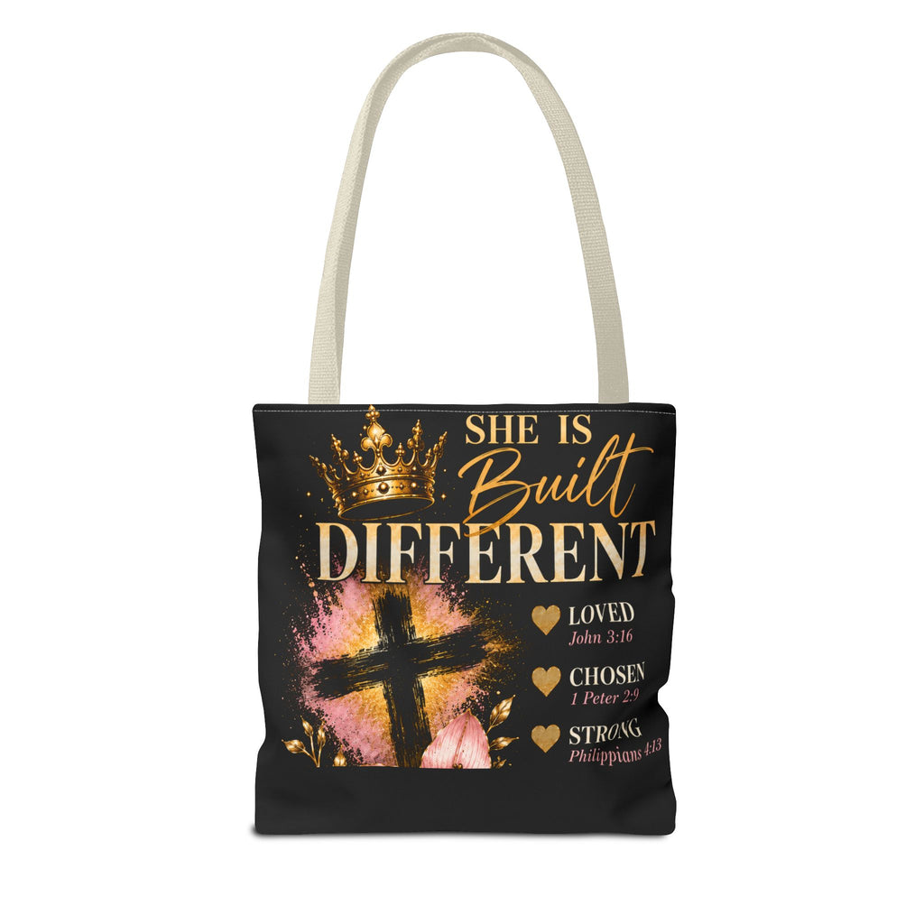 She Is Built Different Christian Tote Bag – Inspirational Faith Cross Design