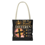 She Is Built Different Christian Tote Bag – Inspirational Faith Cross Design