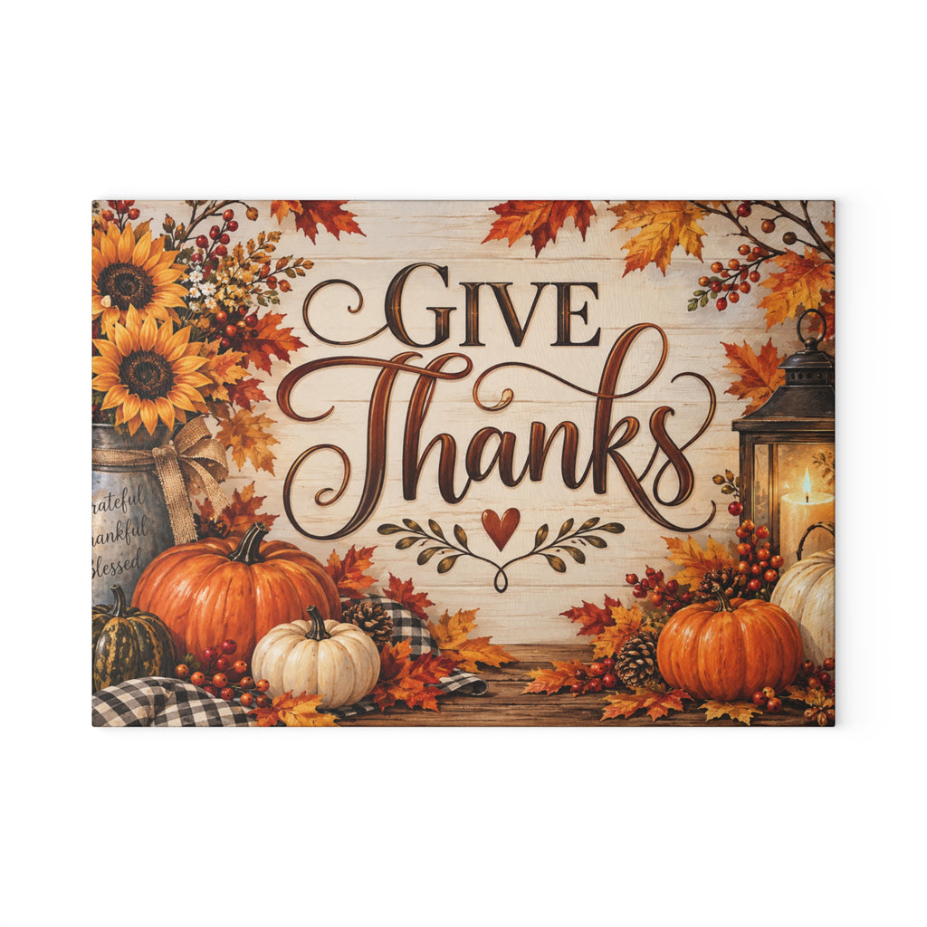 Give Thanks Glass Cutting Board — Autumn Pumpkin & Sunflower Kitchen Decor (Thanksgiving)