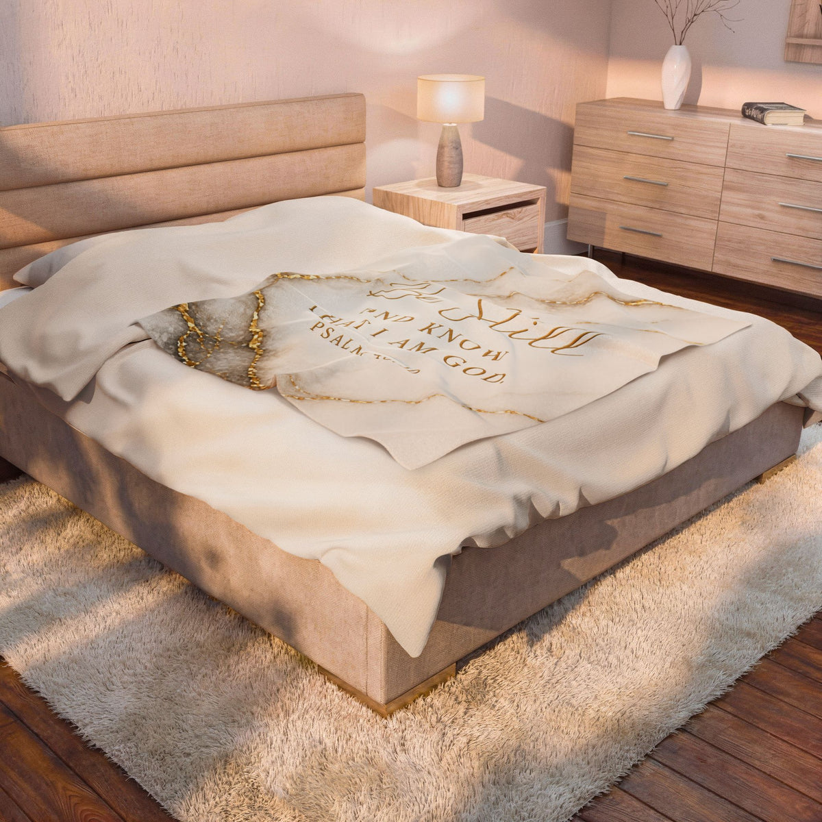 Velveteen Blanket - "Be Still and Know That I Am God" Psalm 46:10 Marble Gold Prayer Throw