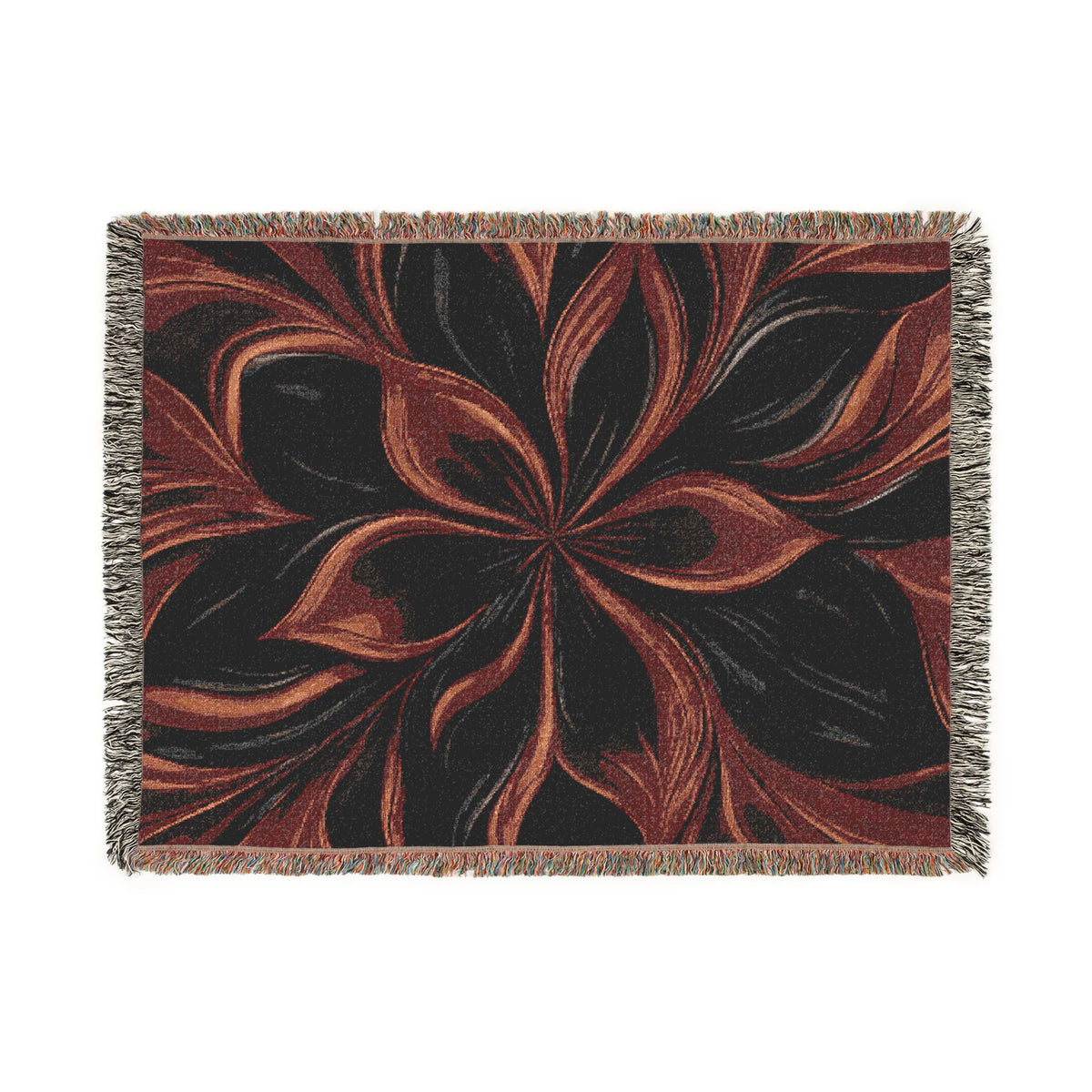 Woven Blanket — Abstract Floral Swirl Throw in Warm Rust & Teal