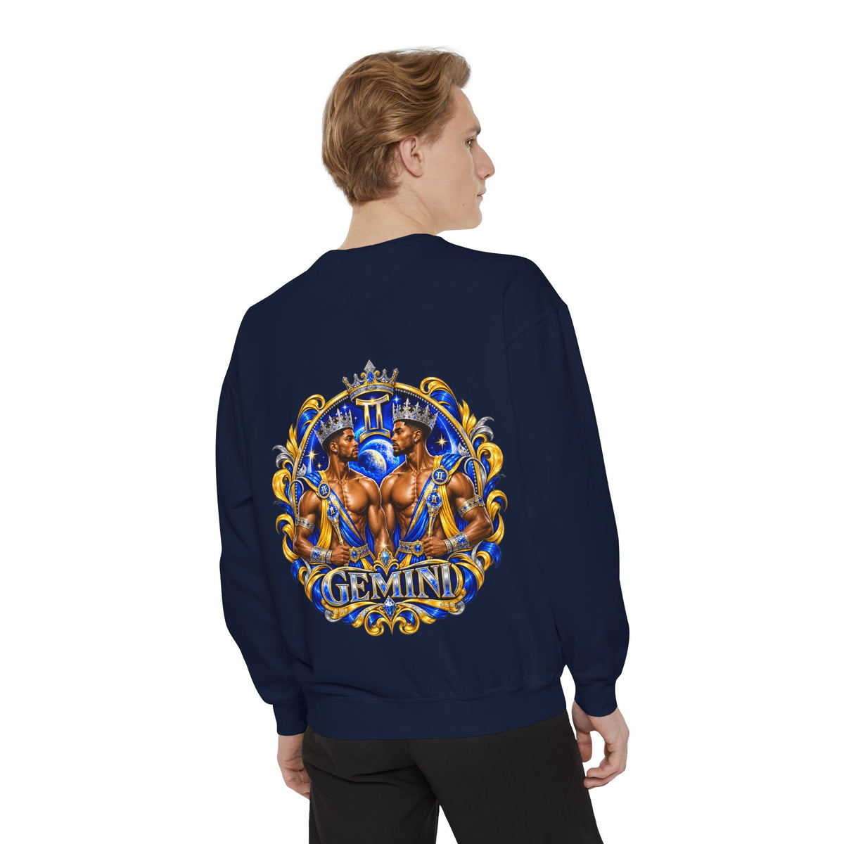 Gemini Zodiac Sweatshirt — Royal Blue & Gold Twin Symbol Crewneck