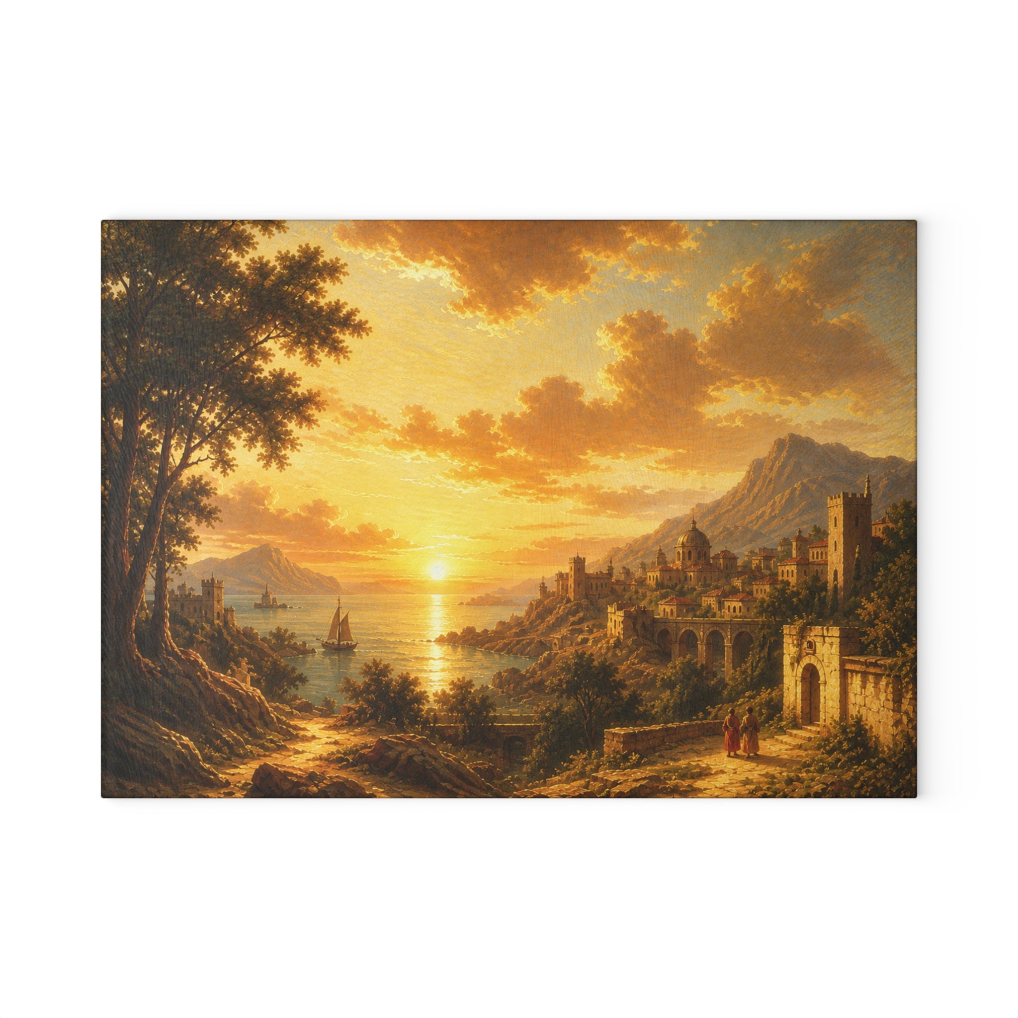 Glass Cutting Board - Golden Sunset Coastal Landscape Print, Tempered Glass Kitchen Board