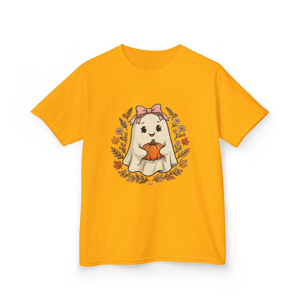 Kids Halloween Tee — Cute Ghost Holding Pumpkin "Spooky Season"