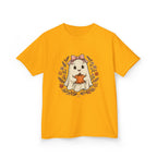 Kids Halloween Tee — Cute Ghost Holding Pumpkin "Spooky Season"