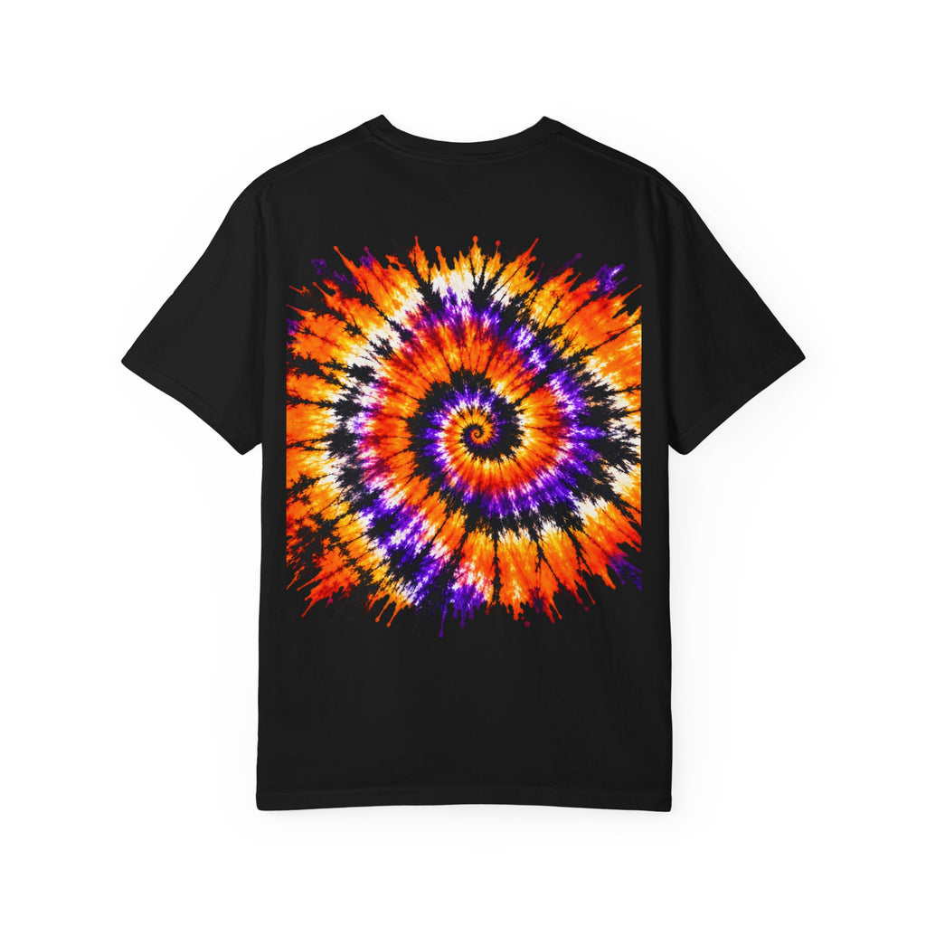 Tie-Dye Spiral T-Shirt — Orange Purple Psychedelic Graphic Tee