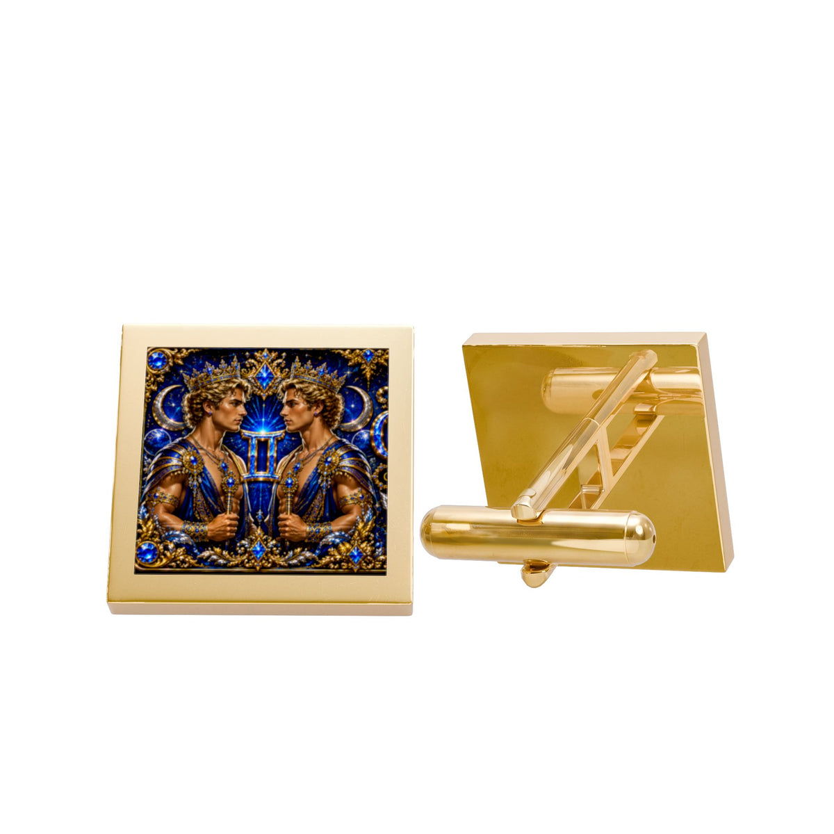 Gold Square Cufflinks with Regal Blue Twin Portraits — Vintage Baroque Formal Accessory