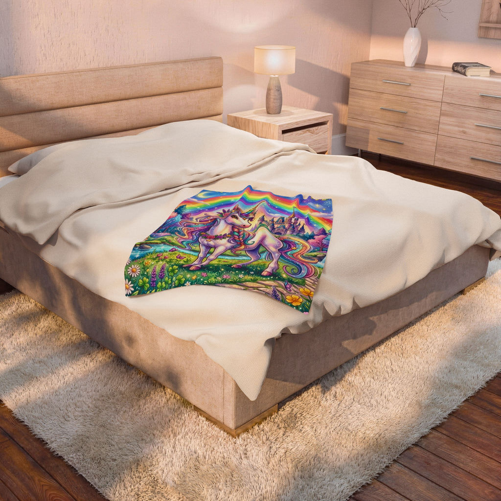 Unicorn Rainbow Velveteen Plush Blanket — Magical Castle Fantasy Throw for Kids