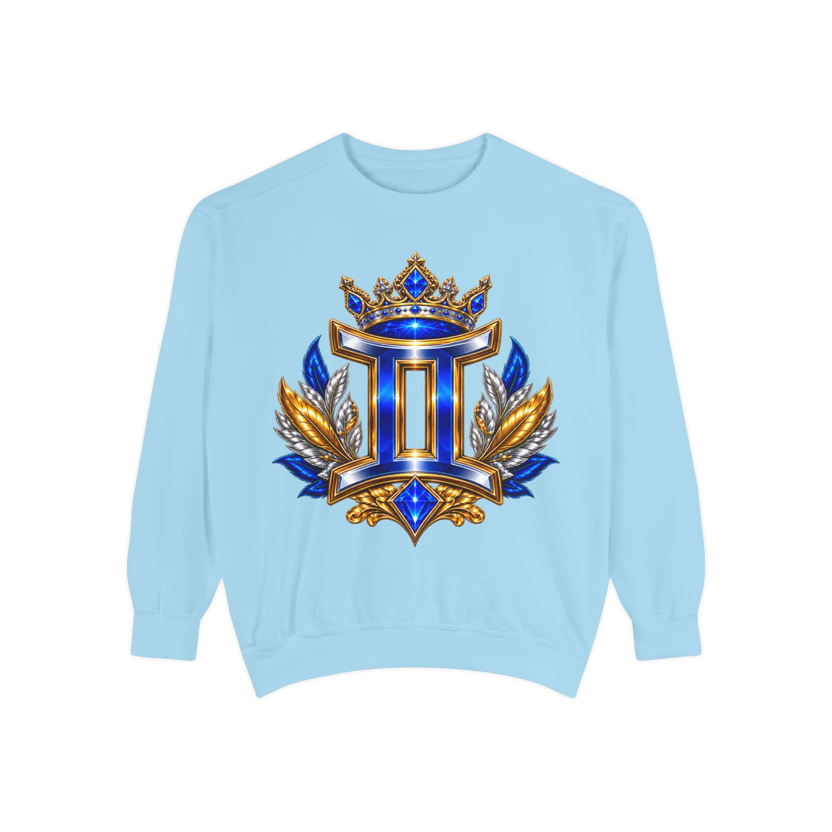 Gemini Zodiac Sweatshirt — Royal Blue & Gold Twin Symbol Crewneck
