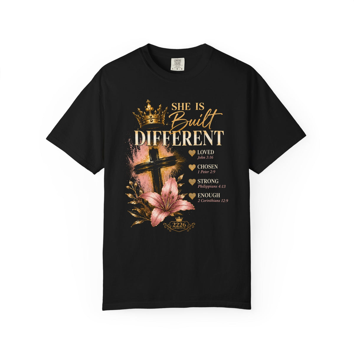 She Is Built Different Christian T-Shirt — Cross, Crown & Lily Faith Tee