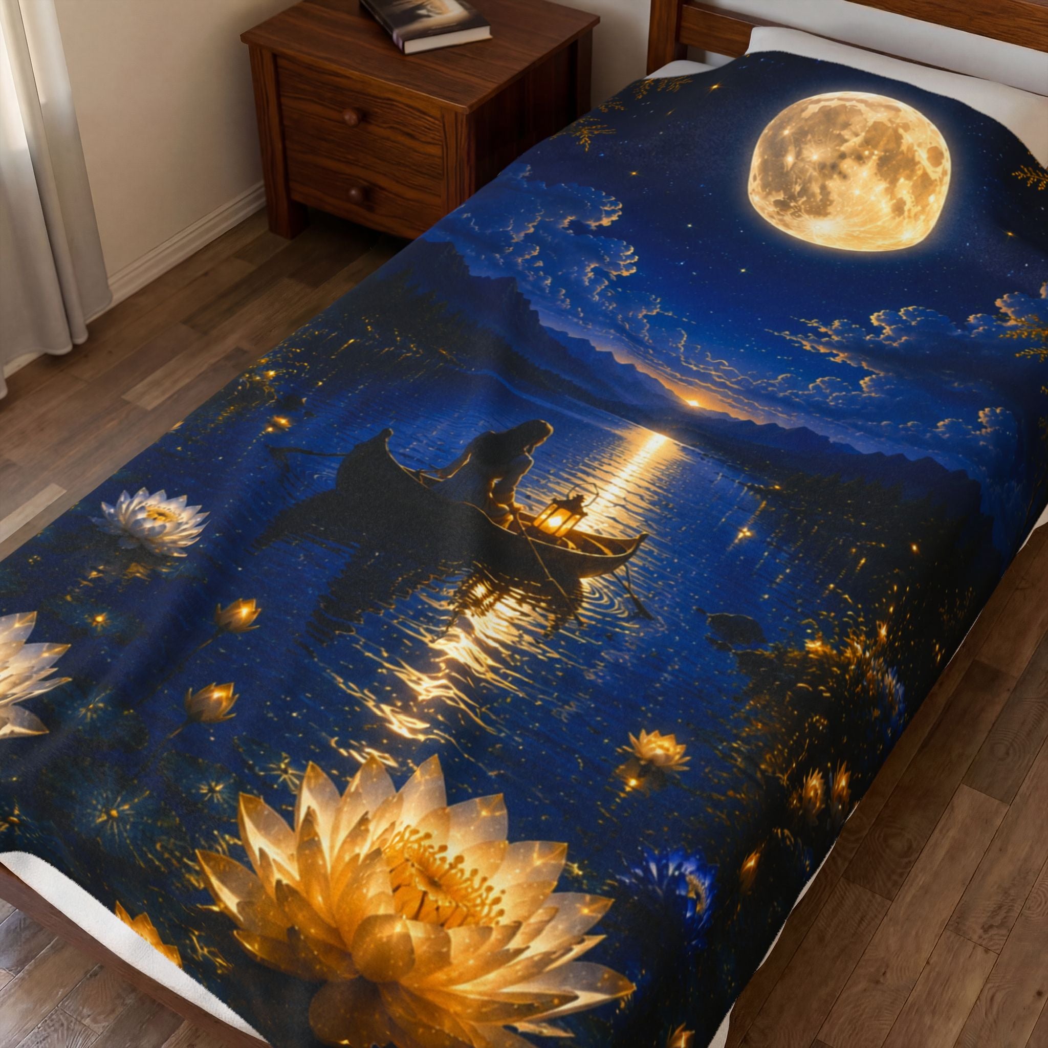 Moonlit Lake Velveteen Plush Blanket — Romantic Nightscape Cozy Throw