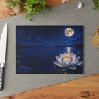 Moonlit Lotus Glass Cutting Board — Serene Nightscape Kitchen & Serving Platter