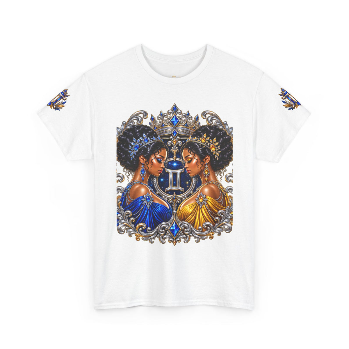 Gemini Zodiac Tee — Twin Sisters Astrology T‑Shirt (Blue & Gold)