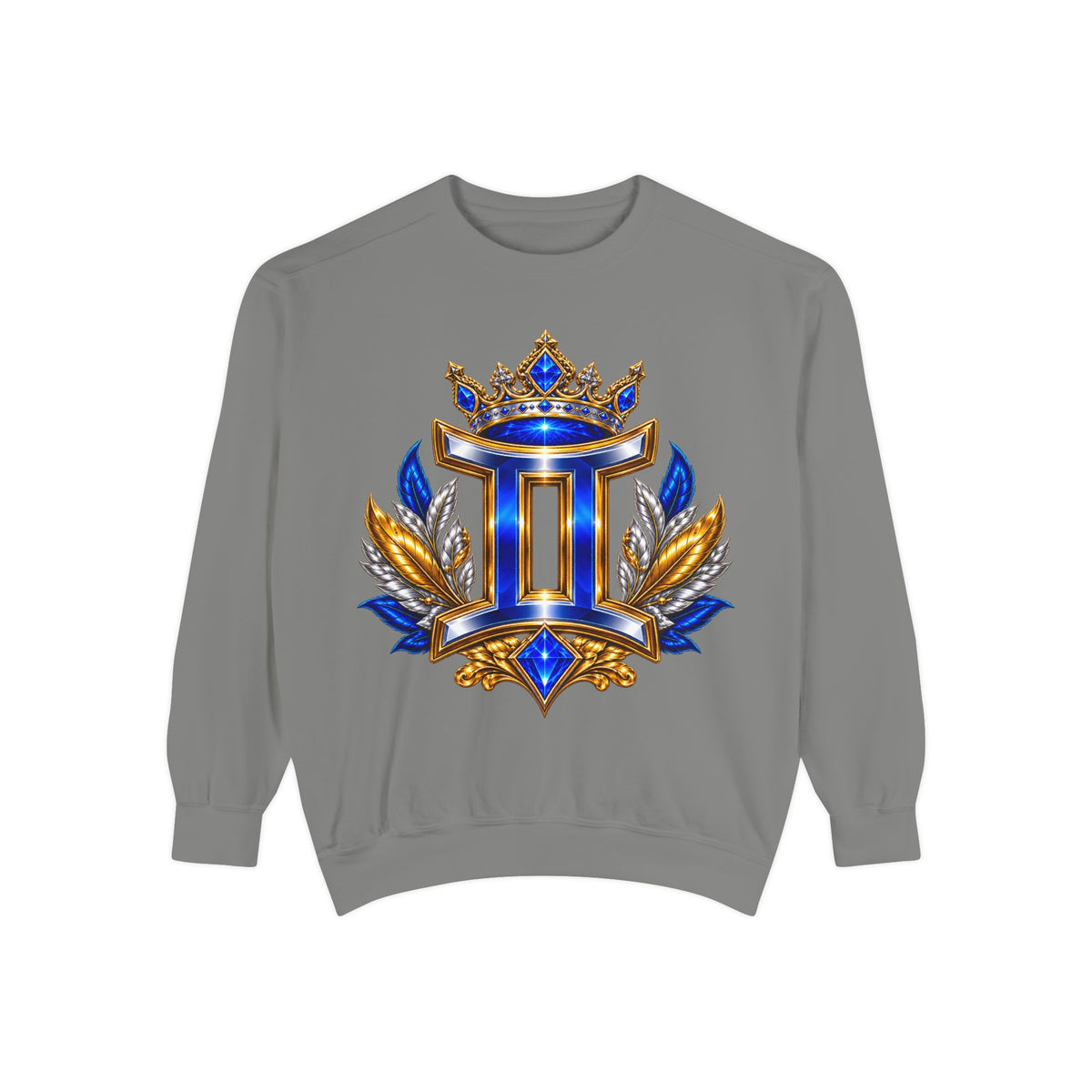 Gemini Zodiac Sweatshirt — Royal Blue & Gold Twin Symbol Crewneck