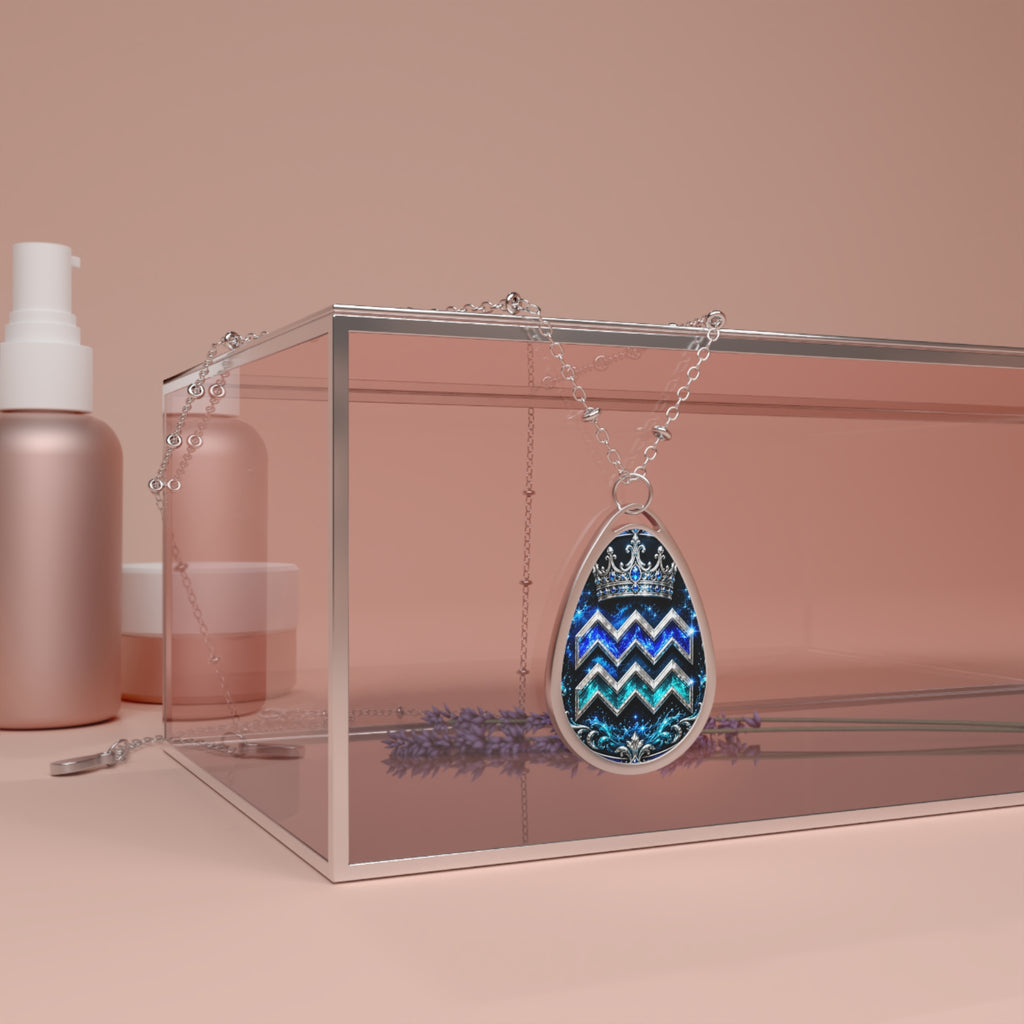 Aquarius Crown Chevron Teardrop Pendant Necklace — Blue Zigzag Oval Necklace
