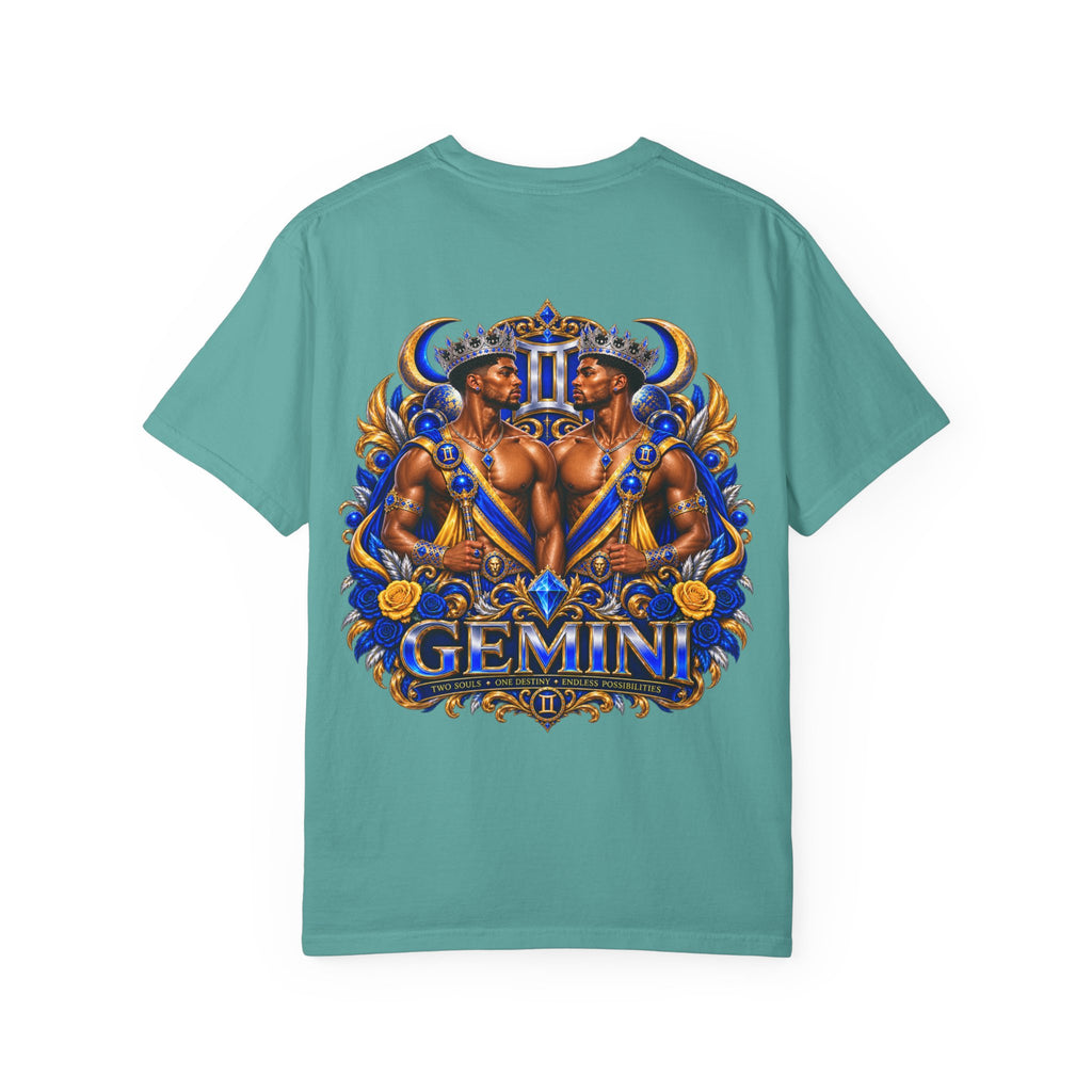 Gemini Zodiac T-Shirt — Bold Blue & Gold Twin Portrait Tee