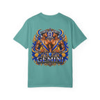 Gemini Zodiac T-Shirt — Bold Blue & Gold Twin Portrait Tee