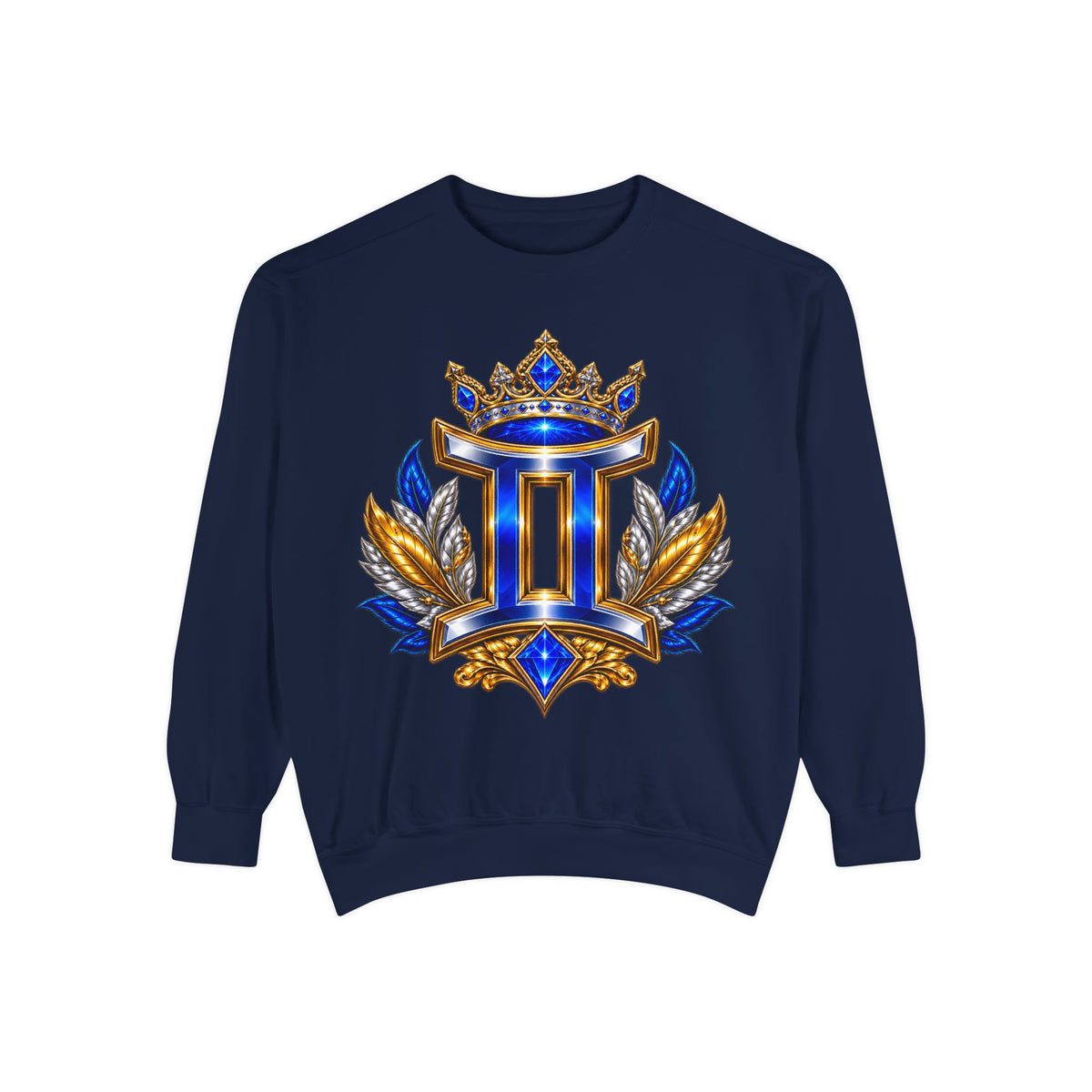 Gemini Zodiac Sweatshirt — Royal Blue & Gold Twin Symbol Crewneck