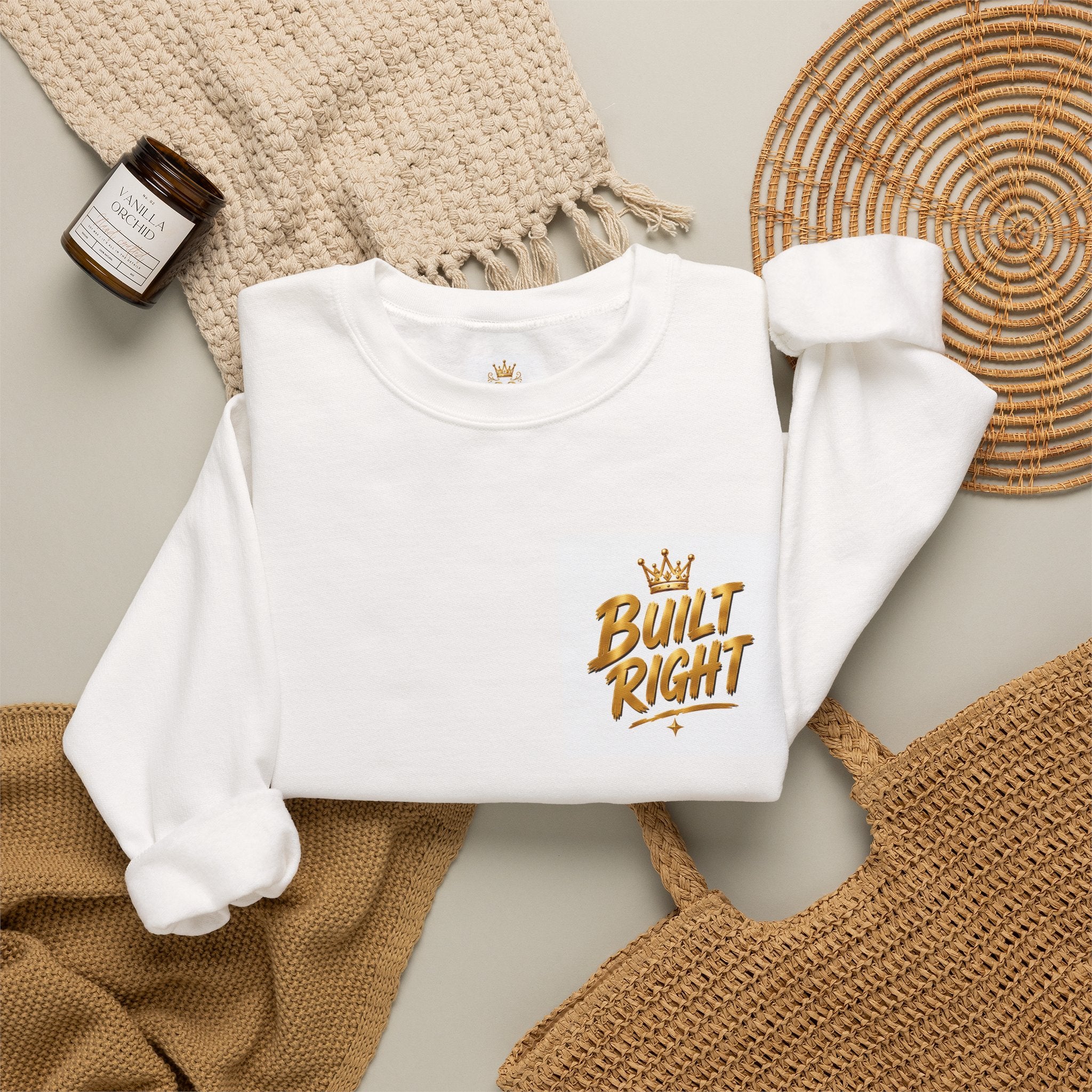 Built Right Crewneck Sweatshirt — "Built Right: Beautiful. Brave. Brilliant." Gold Graphic