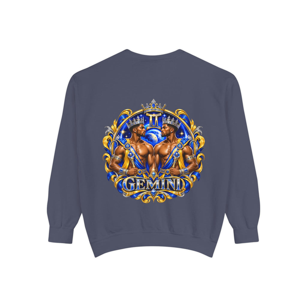 Gemini Zodiac Sweatshirt — Royal Blue & Gold Twin Symbol Crewneck