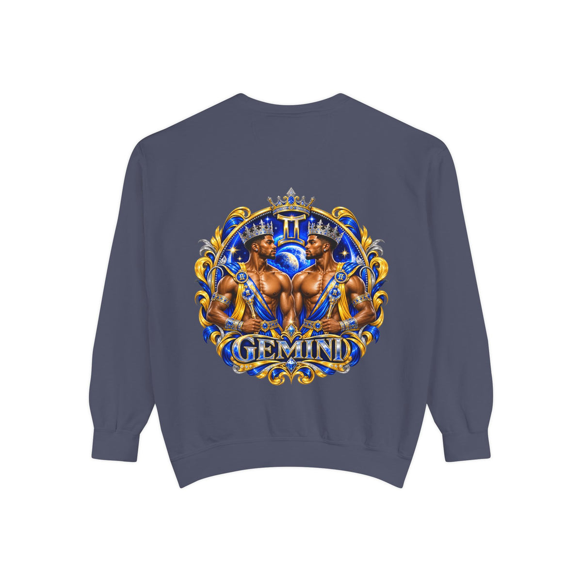 Gemini Zodiac Sweatshirt — Royal Blue & Gold Twin Symbol Crewneck