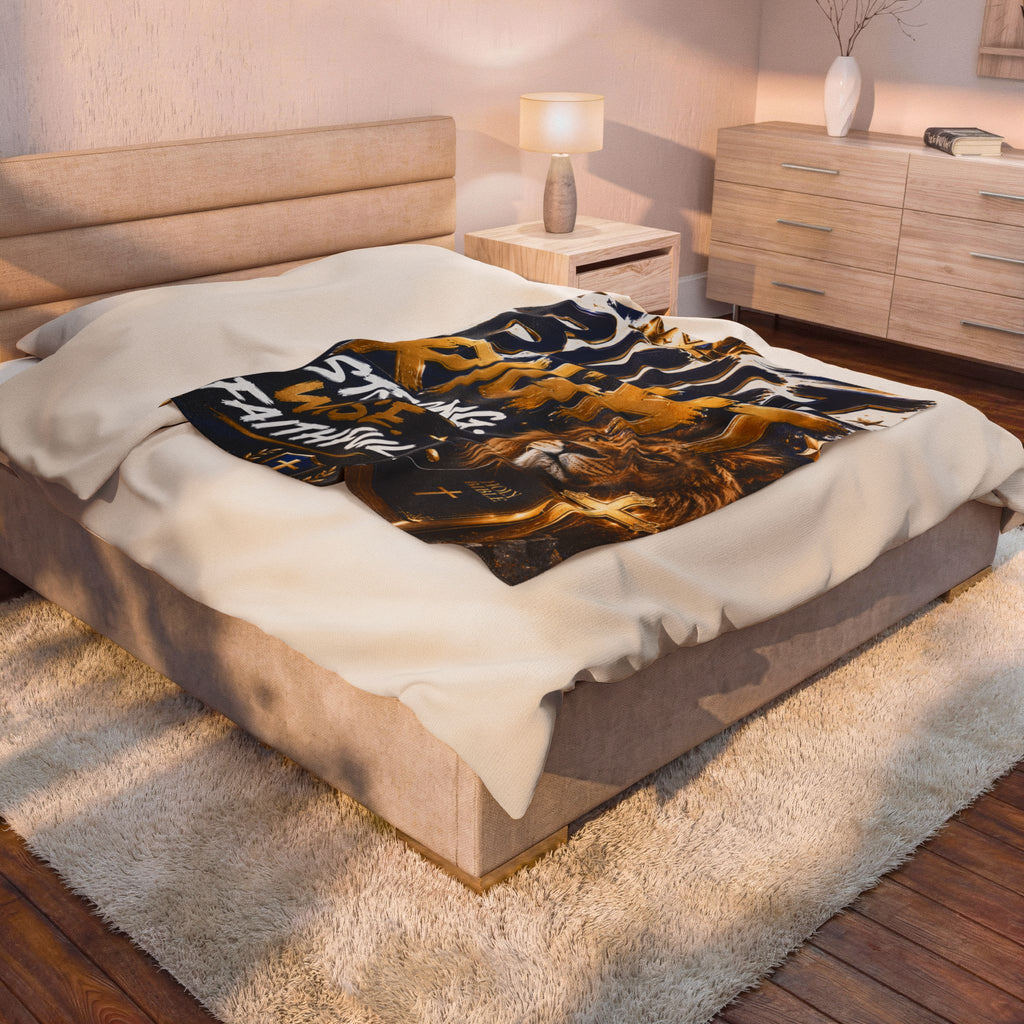 Built Right Velveteen Plush Blanket — Strong. Wise. Faithful. Lion & Bible Christian Throw