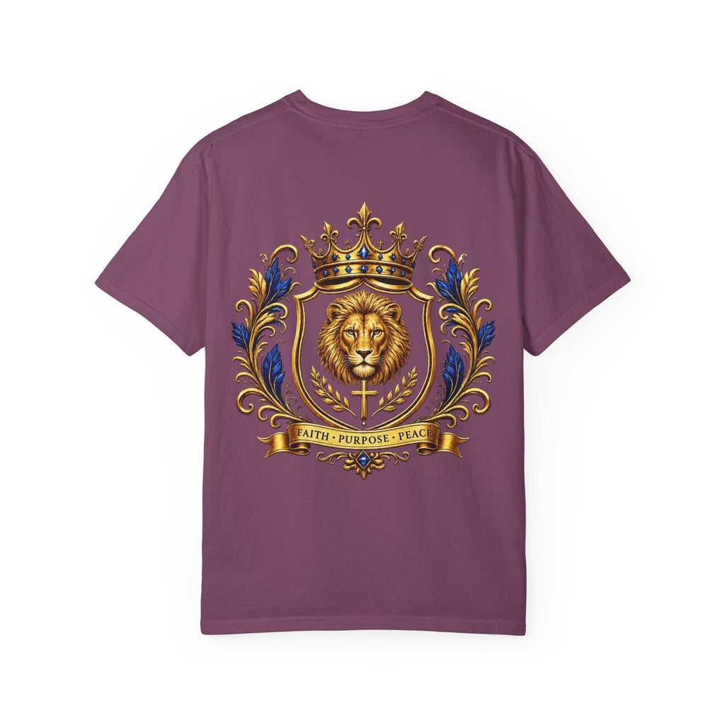 Lion Crest T-Shirt — Regal Crowned Lion with "Faith • Purpose • Peace" Back Graphic