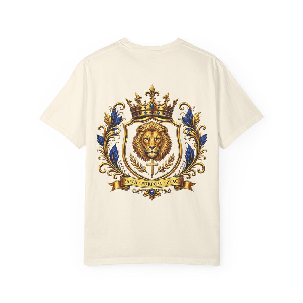 Lion Crest T-Shirt — Regal Crowned Lion with "Faith • Purpose • Peace" Back Graphic