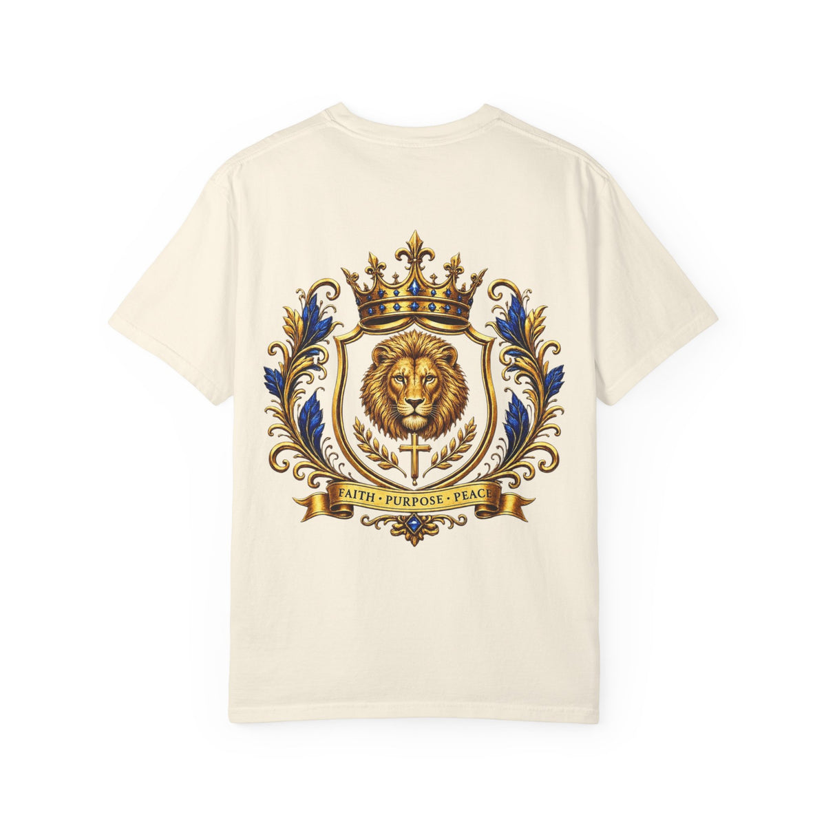 Lion Crest T-Shirt — Regal Crowned Lion with "Faith • Purpose • Peace" Back Graphic