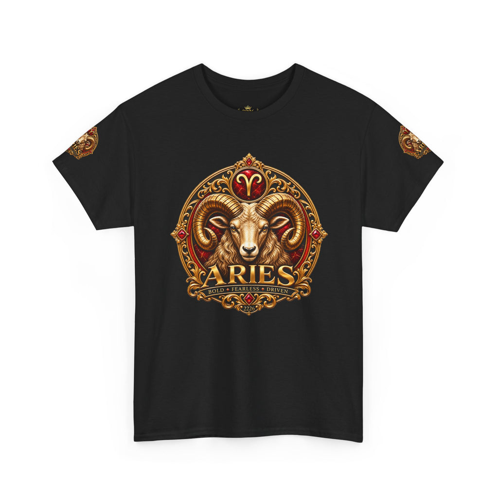 Aries Zodiac T‑Shirt — Mythic Ram Astrology Tee with 'ARIES' Emblem