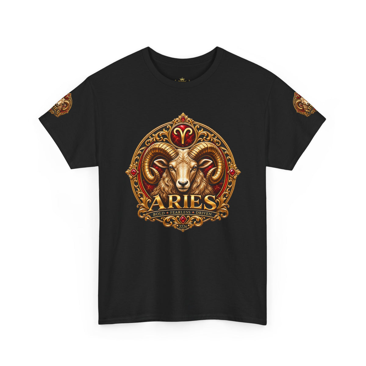 Aries Zodiac T‑Shirt — Mythic Ram Astrology Tee with 'ARIES' Emblem