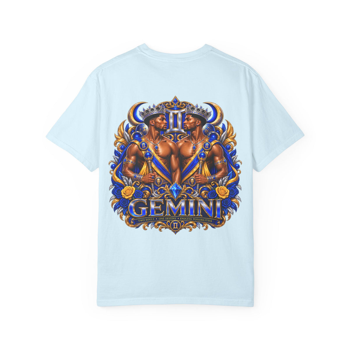 Gemini Zodiac T-Shirt — Bold Blue & Gold Twin Portrait Tee
