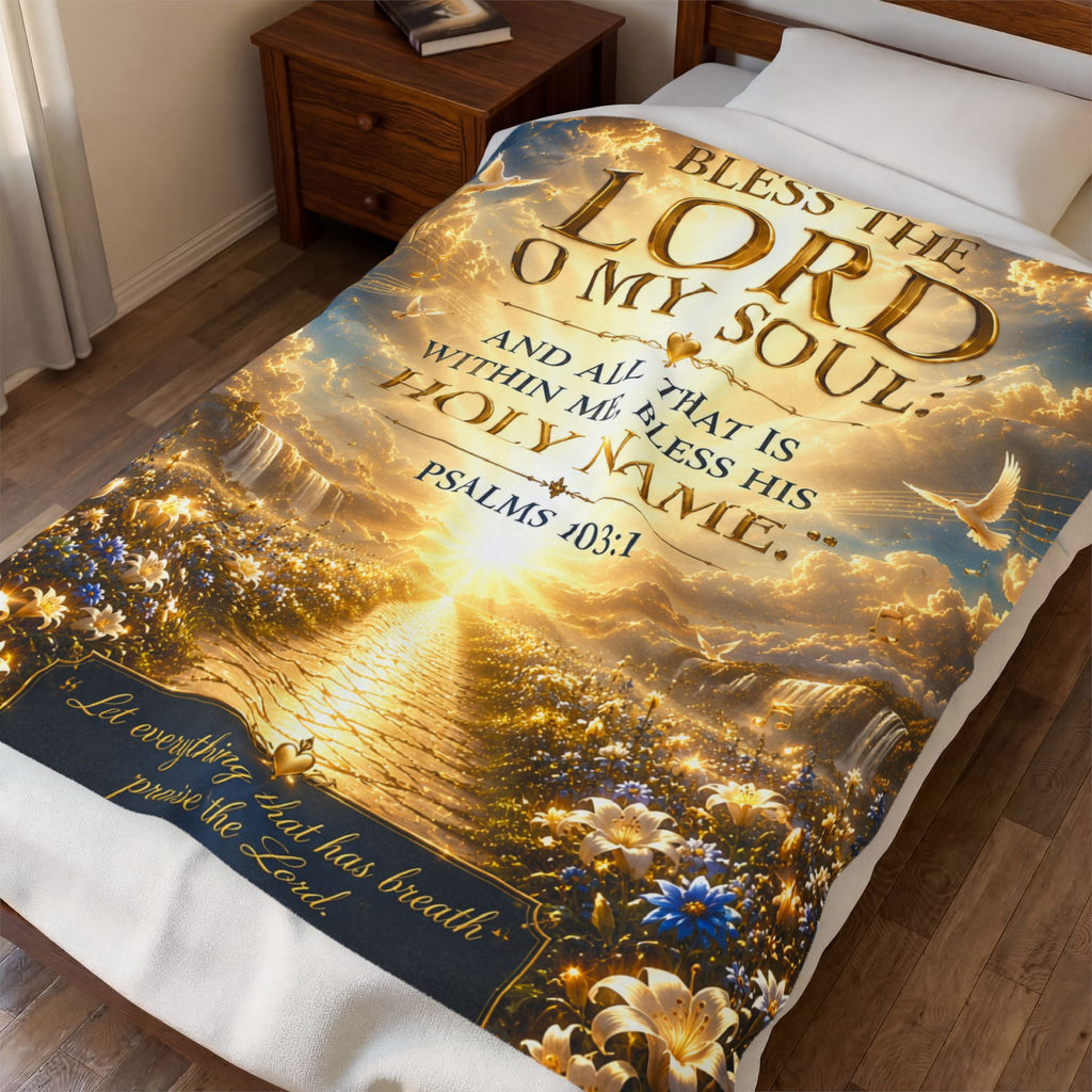 Velveteen Plush Blanket - "Bless the Lord, O My Soul" Psalm 103:1 Inspirational Christian Throw