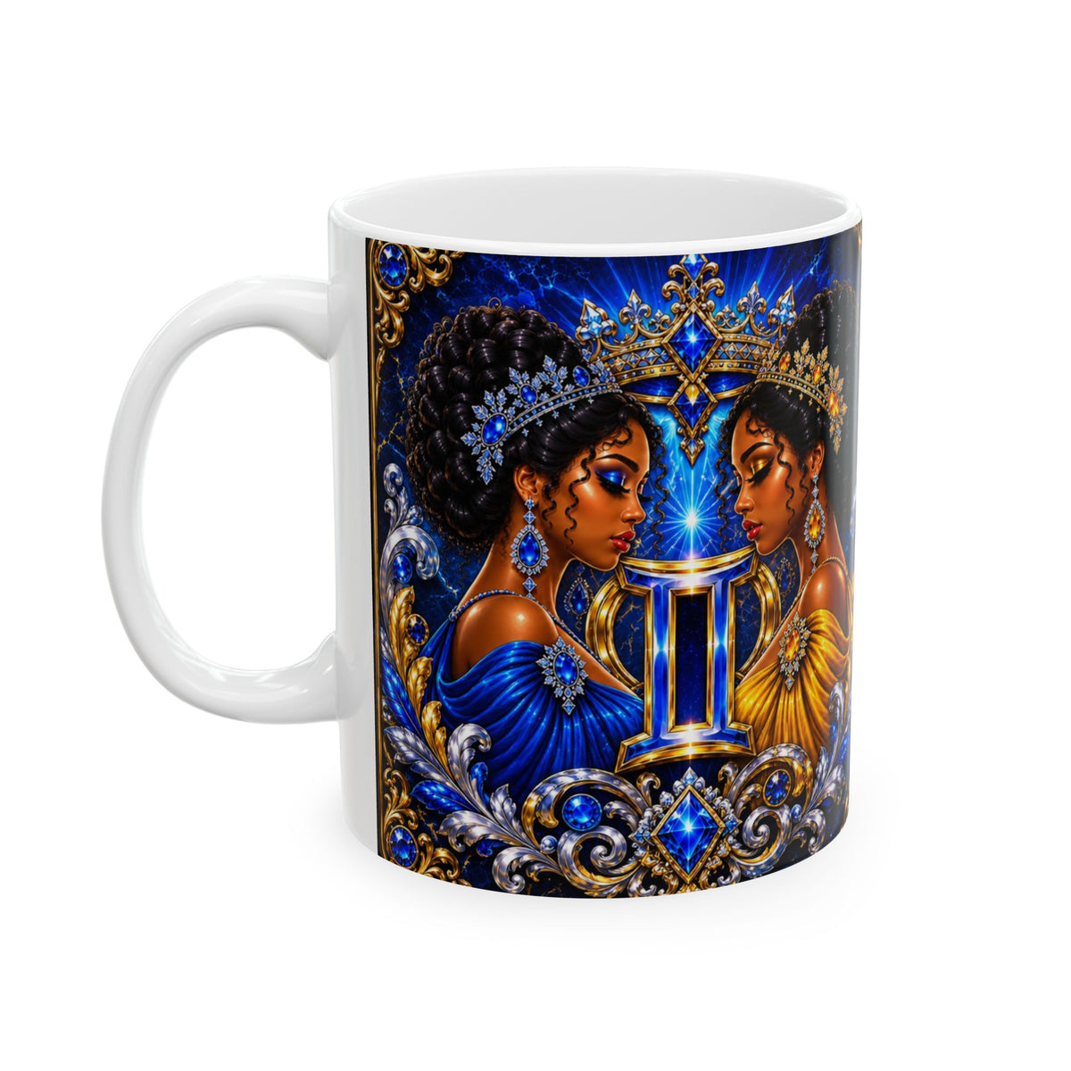 Gemini Zodiac Ceramic Mug – Elegant Blue & Gold Astrology Coffee Cup (11oz/15oz)