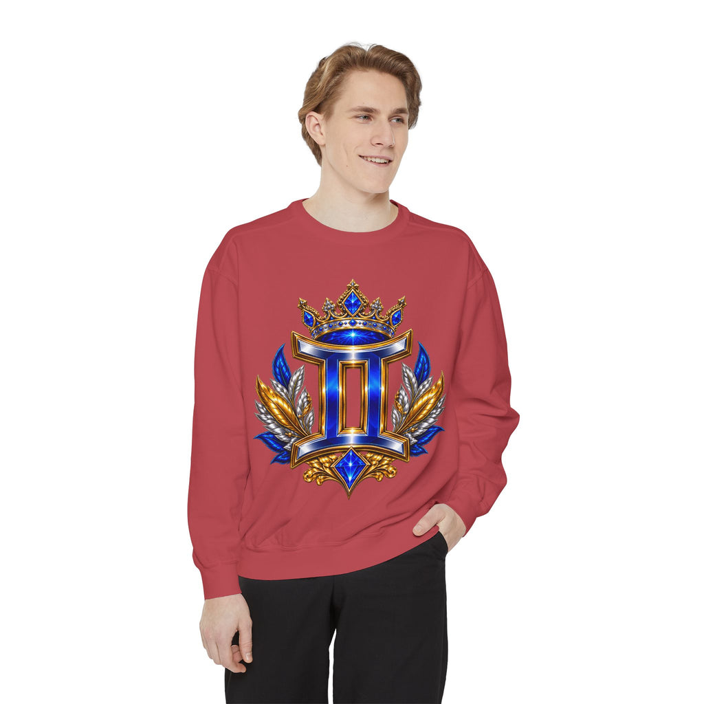 Gemini Zodiac Sweatshirt — Royal Blue & Gold Twin Symbol Crewneck
