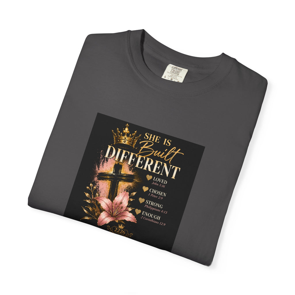 She Is Built Different Floral Cross T-Shirt — Christian Faith Inspirational Tee