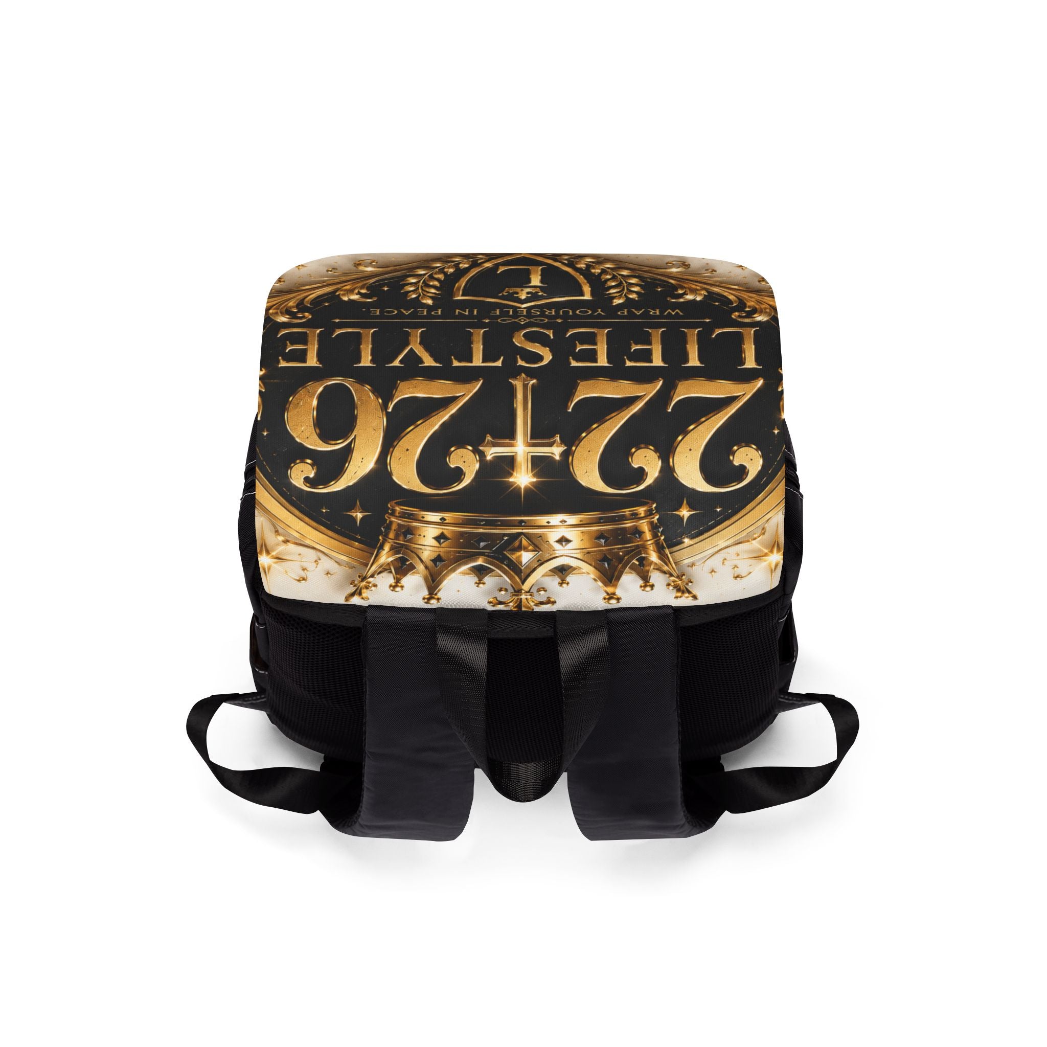 22f26 Lifestyle Gold Crest Backpack — Casual Shoulder Backpack with 'Wrap Yourself in Peace' Design