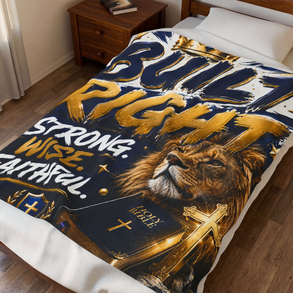 Built Right Velveteen Plush Blanket — Strong. Wise. Faithful. Lion & Bible Christian Throw