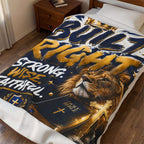 Built Right Velveteen Plush Blanket — Strong. Wise. Faithful. Lion & Bible Christian Throw