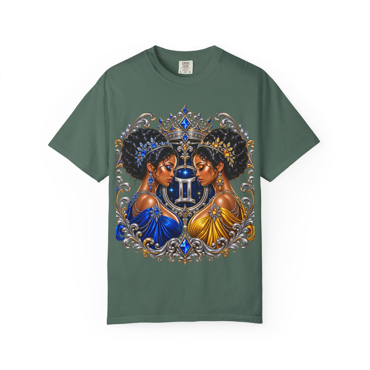Gemini Zodiac Twin Queens T-Shirt — Elegant Blue & Gold Astrology Tee