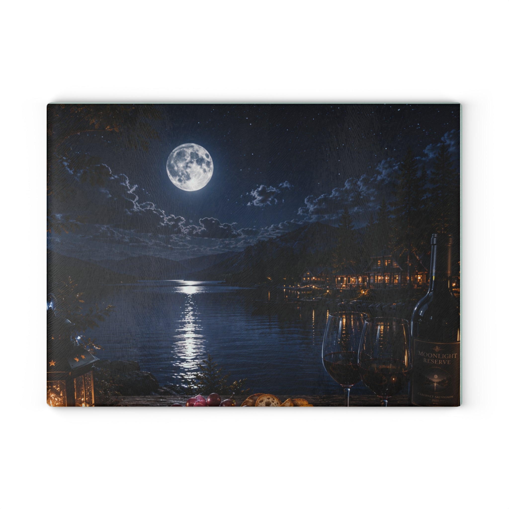 Moonlit Lakeside Glass Cutting Board — Scenic Nighttime Kitchen Board