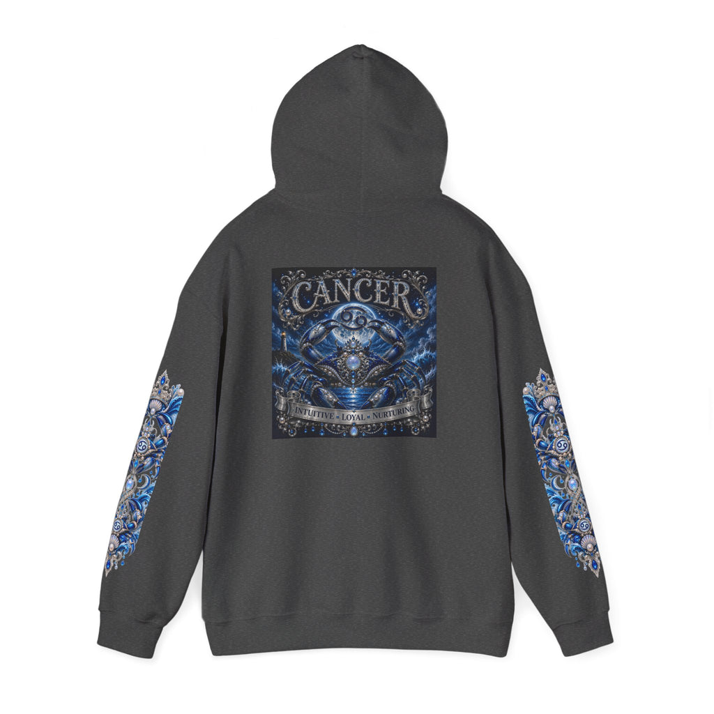 Cancer Zodiac Hoodie — Blue Crab Astrology Sweatshirt with Sleeve Art