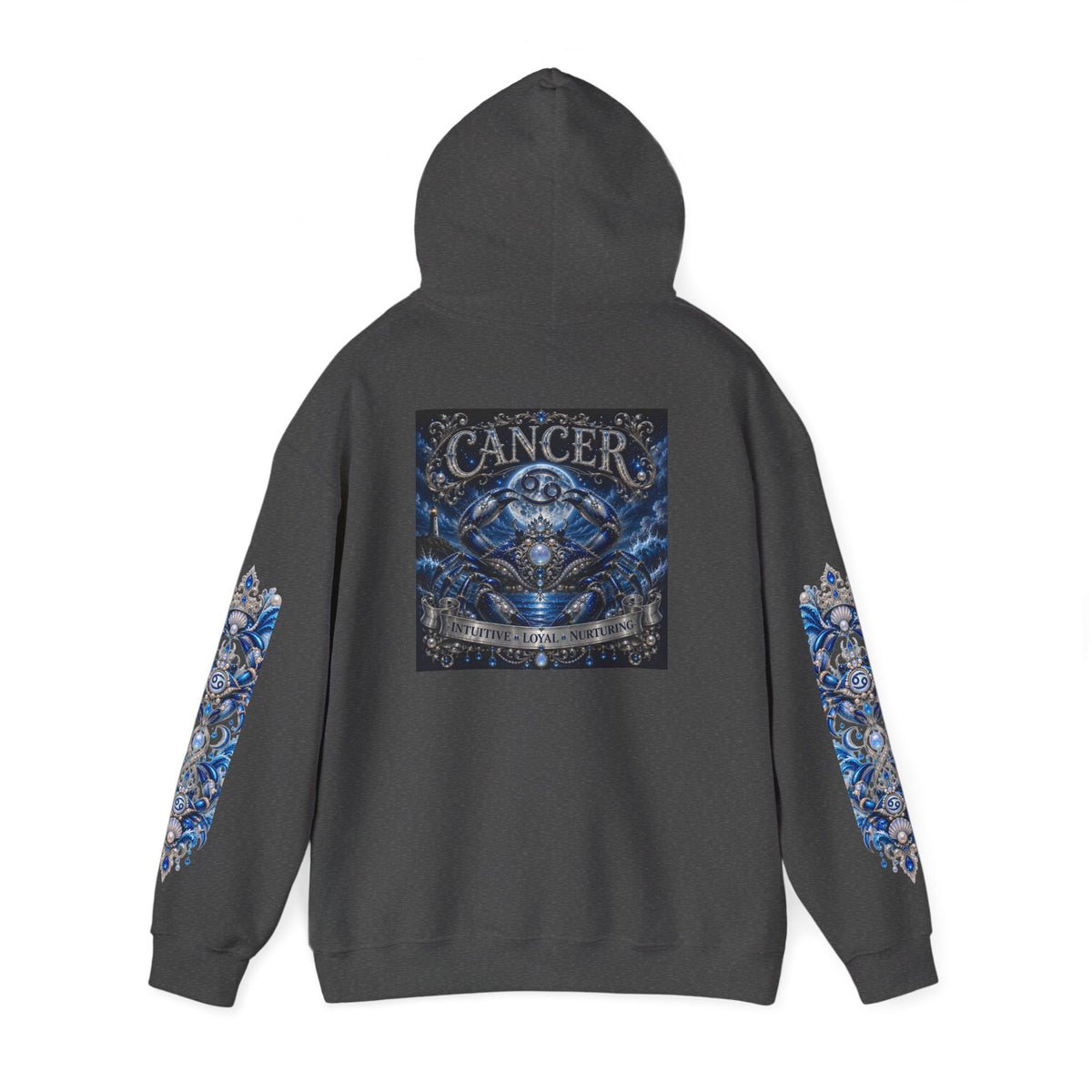 Cancer Zodiac Hoodie — Blue Crab Astrology Sweatshirt with Sleeve Art
